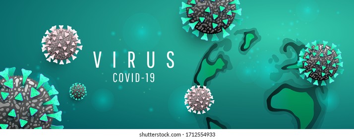 The Virus Adversely Affects The Global Economy. Covid 19 Background. 3d Vector Virus Cells, Bacterium Or Microbes On Green Horizontal Background.