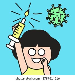 Virus Afraid Of Girl Who Is Holding Syringe Vaccine With Burning Candle Flame On Top Concept Card Character illustration