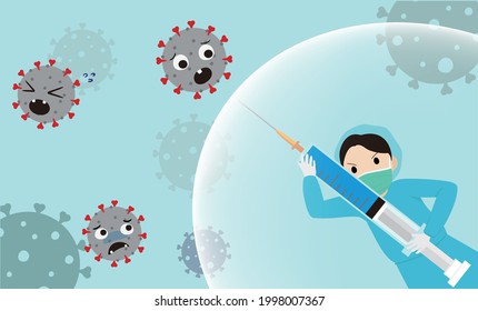 Virus Afraid The People Who Take A Syringe With Vaccine. Antibodies Protect The Nurse.