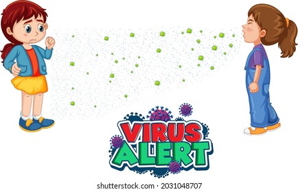 Virus Alert font in cartoon style with a girl look at her friend sneezing isolated on white background illustration