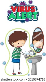 Diseño del tipo de letra Virus Alert con un niño que se lava las manos en la ilustración de fondo blanco