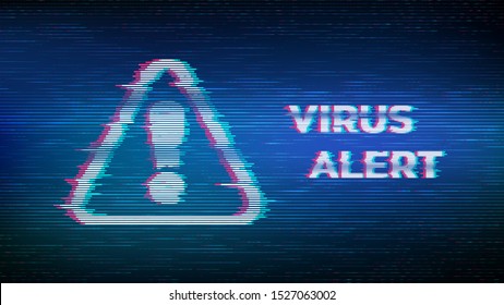 Virus Alert. Glitched Attention. Virus detected, alert alarm message in a distorted glitch style. Danger Symbol. Computer Hacked Error Concept. Hacking Piracy Risk Shield. Vector Illustration.