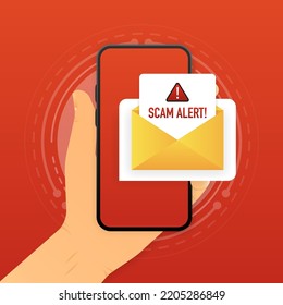 Alerta de virus. Mano sosteniendo un smartphone infectado. Concepto de seguridad móvil. Ilustración vectorial.