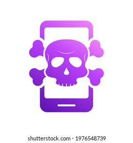 Virus Alert Icon. Smartphone with Virus. Cyber Attack Alert Icon with Skull. Phishing Scam concept. Hacker Attack, Phishing and Fraud. Vector illustration.