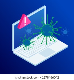 VIRUS Alert, isometric laptop with virus, alert notification, hacking, cybersecurity, fraud internet error concept. Hacking smartphone user database. New technologies security.