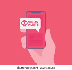 Virenwarnmeldung auf Smartphone. Malware- und Virusbenachrichtigung oder -fehler im Mobiltelefon. Rote Warnmeldung von Spam-Daten, unsichere Verbindung, Betrug. Vektorgrafik.