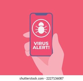 Virenwarnmeldung auf Smartphone. Malware- und Virusbenachrichtigung oder -fehler im Mobiltelefon. Rote Warnmeldung von Spam-Daten, unsichere Verbindung, Betrug. Vektorgrafik.