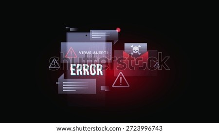 Virus alert and system error notification concept on dark background. Cyber security threat, malware infection, and digital data protection warning for professional technology and corporate themes.