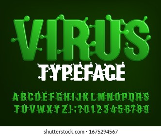 Virus alphabet font. Green letters and numbers. Stock vector typescript for your typography design.