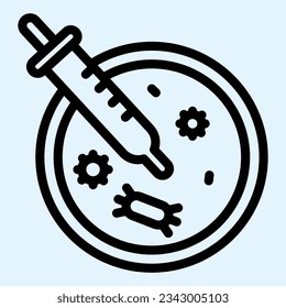 Virusanalyseplatte und Pipelinenzeilensymbol. Piktogramm im Stile der Petrischale auf weißem Hintergrund. Bakteriologie Forschung Covid19 Impfstoff Mobile Konzept Web Design. Vektorgrafiken.