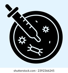 Virus analysis plate and pipette solid icon. Petri dish glyph style pictogram on white background. Bacteriology research Covid19 vaccine for mobile concept and web design. Vector graphics