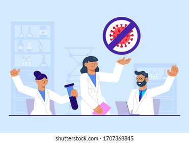 Concepto de detección de vacunas antídotos contra virus. Investigación de laboratorio en la ilustración de vectores de diseño plano