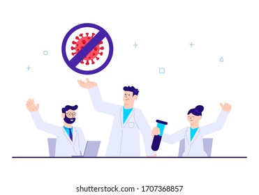 Concepto de detección de vacunas antídotos contra virus. Investigación de laboratorio en la ilustración de vectores de diseño plano