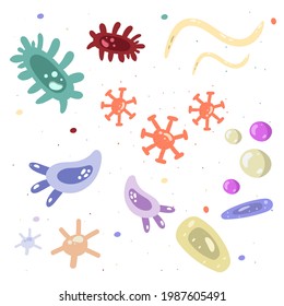 Eine Reihe von Bakterien, Keimen, Viren, Keimen. Krankheitserregendes Objekt einzeln auf Hintergrund. Bakterielle Mikroorganismen, probiotische Zellen. Cartoon-Design.