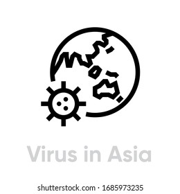 Virus in Asia icon. Editable line vector. Stylized microbe sign over the globe with the contour of the continent. Single pictogram.