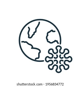 Virus Attack around the World. Planet Earth with coronavirus Covid-19 Infection line icon. Earth Attacked by Coronavirus. Coronavirus Bacterium line icon. Editable Stroke. Vector illustration.