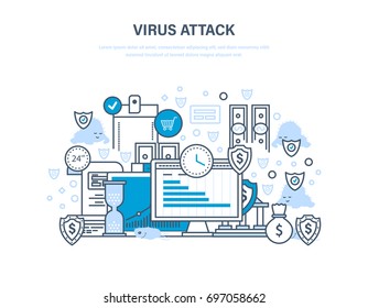 Virus attack concept. Protection of data, payments, financial security, information technology, communications, protection from threats and break-ins. Illustration thin line design of vector doodles.