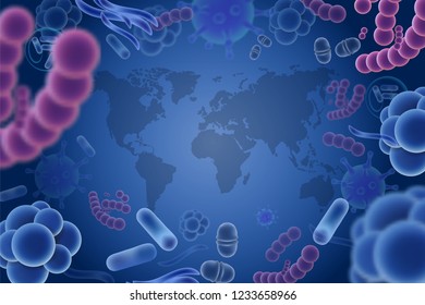 Virus attack or epidemic vector illustration. World map in frame of realistic microorganisms microscopic viruses and bacteria of various shape and color. Viral infections spreading all over the world.