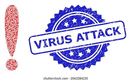 Virus Attack grunge stamp seal and vector recursive mosaic exclamation sign. Blue stamp contains Virus Attack tag inside rosette.