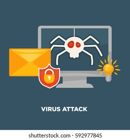 Virus attack on computer in cartoon flat style isolated on blue. Vector illustration of spider virus infecting notebook, hacking protection and opening mail service. Icon for infographic, website, app