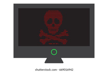 Virus attack on computer monitor screen, urgent shutdown, vector clip art