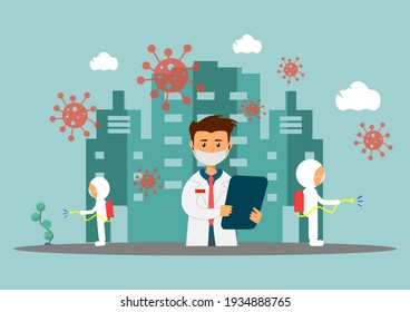 Virus attack people vector illustration Doctors wear masks to clean and disinfect epidemic concepts.