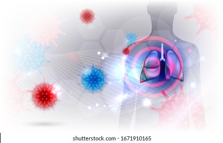 Virus attack to the respiratory system can cause flu and pneumonia on a light grey glowing background.