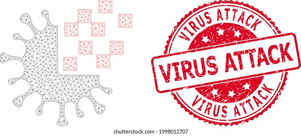Virus Attack strukturierten Robbendruck und Vektor Virus Synthese-Maschenmodell. Rotes Siegel enthält den Namen des Virus-Angriffs im Inneren. Abstrakte Flache-Maschen-Virus-Synthese, entwickelt mit flachen Maschen.