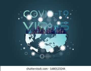 Virus attack world. Coronavirus outbreak in blue shades. Spread of the virus spread throughout the city. save yourself from protect pollution. Protection the world and always take care your health.