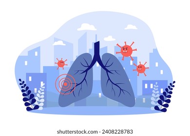 Virus attacking human lungs vector illustration. Lungs disease, epidemic, respiratory system, walking pneumonia concept