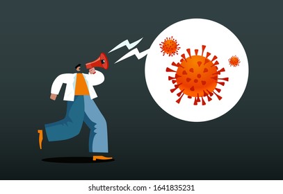 Virus attacks people. Man talks about virus. Media discuss danger. Character speaks about coronavirus. Concept of epidemic vector illustration EPS 10 red and black colored