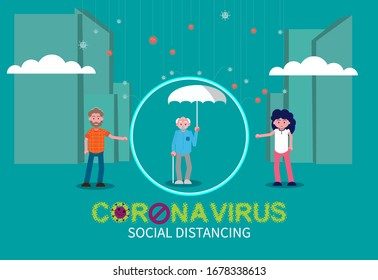 Virus attacks people vector illustration. Individuals representing social distance to prevent the spread of the virus. Flat vector illustration.