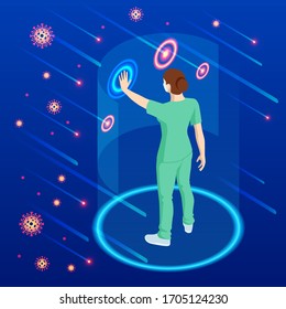 The virus attacks the respiratory tract, pandemic medical health risk. Stop the virus and epidemic diseases. Doctor in white medical protective mask showing gesture stop.