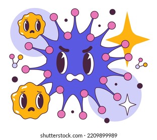 Virus attcak immunity cells. Human immunity versus pandemic illness. Infection spreading. Flat vector illustration