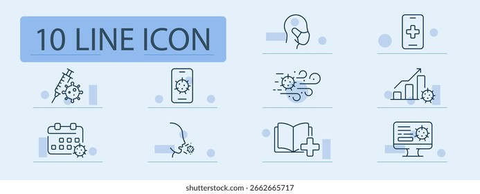 Virus awareness set icon. Includes mask, calendar, syringe, mobile alerts, virus symbol, airflow, chart spike, mouth emission, online updates, and medical data communication visuals.