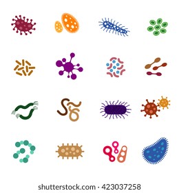 Ícones planos de vírus, bactérias e microrganismos biológicos. Bactérias infecciosas e sinais vetoriais de vírus