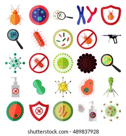 Virus bacteria bug antivirus flat icon set on background