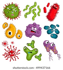 Caracteres de bacterias de dibujos animados ilustraciones vectoriales sobre fondo blanco. Los virus de los gérmenes de las moscas muertas infectan a los personajes vectoriales. Graciosos personajes de microbacterias. Microbe, Patógeno. Bacterias divertidas aisladas. 