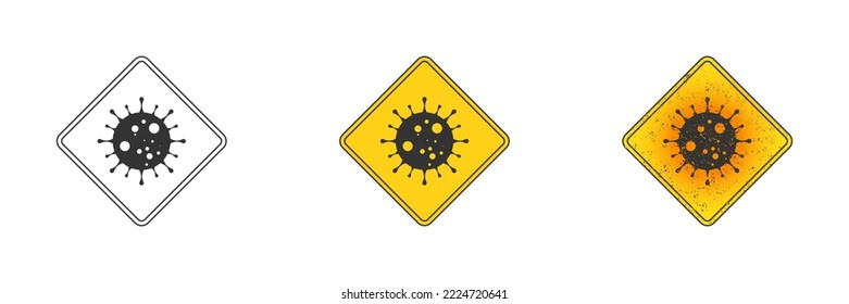Virus bacteria cell icon set. Virus yellow sign. Grunge textured virus icon. Vector illustration.