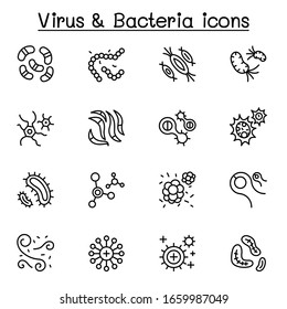 virus, bacteria & covid-19 icon set in thin line style