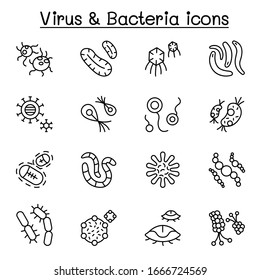 virus, bacteria & covid-19 icon set in thin line style