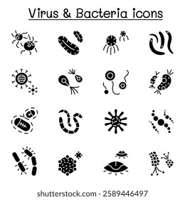 virus, bacteria and covid-19 icon set in glyph style