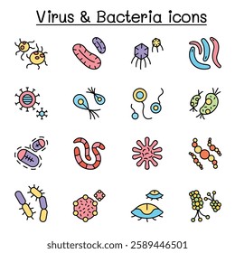 virus, bacteria and covid-19 icon set in color line style
