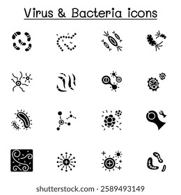 virus, bacteria and covid-19 icon set in glyph style