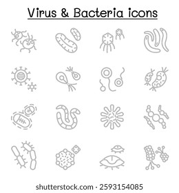 virus, bacteria and covid-19 icon set in thin line style