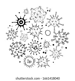 Conjunto de doodles de virus y bacterias. Colección de ilustraciones simples a mano. Aislado en blanco. Vector.