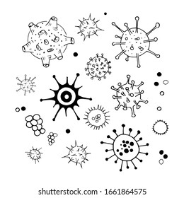 Virus and bacteria doodle set. Collection of simple hand drawn illustrations. Isolated on white. Vector.