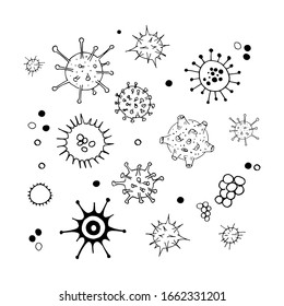 Virus and bacteria doodle set. Collection of simple hand drawn illustrations. Isolated on white. Vector.