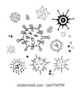 Virus and bacteria doodle set. Collection of simple hand drawn illustrations. Isolated on white. Vector.