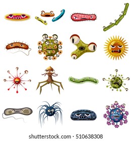 Virus bacteria faces icons set. Cartoon illustration of 16 virus bacteria faces vector icons for web